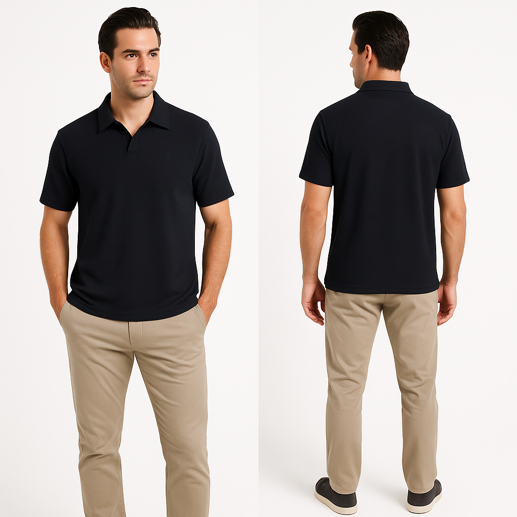 Juodi polo marškinėliai trumpomis rankovėmis, tekstūrinė medžiaga