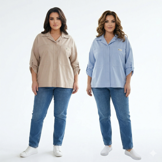 Two women wearing matching outfits with beige and blue shirts and jeans on a white background