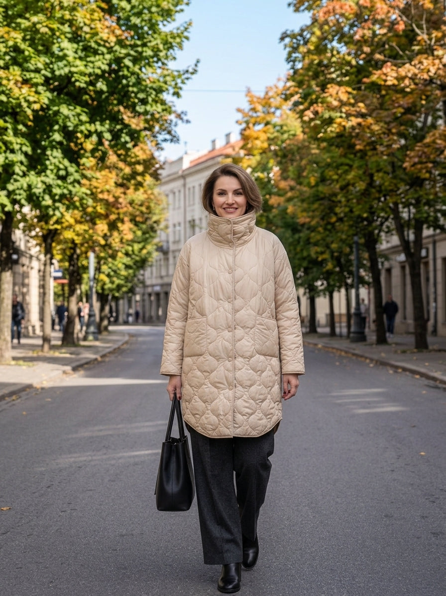 Kreminis dygsniuotas moteriškas puspaltis su paaukštinta apykakle XL-3XL