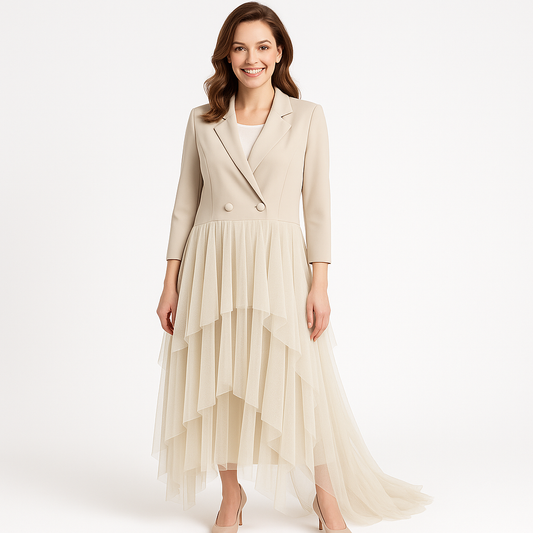 Ilga smėlio spalvos šventinė suknelė su tiulio sijonu ir švarko tipo viršumi