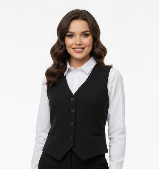 Juoda liemenė ant modelio – derinama su baltais marškiniais ir kelnėmis