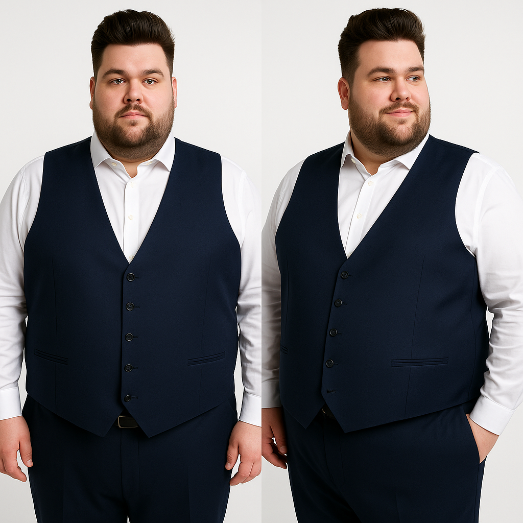 Klasikinė mėlyna vyriška liemenė su sagomis ir reguliuojamu dirželiu