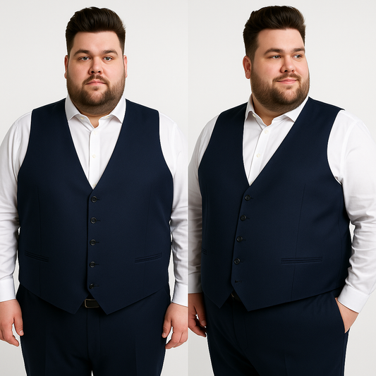 Klasikinė mėlyna vyriška liemenė su sagomis ir reguliuojamu dirželiu