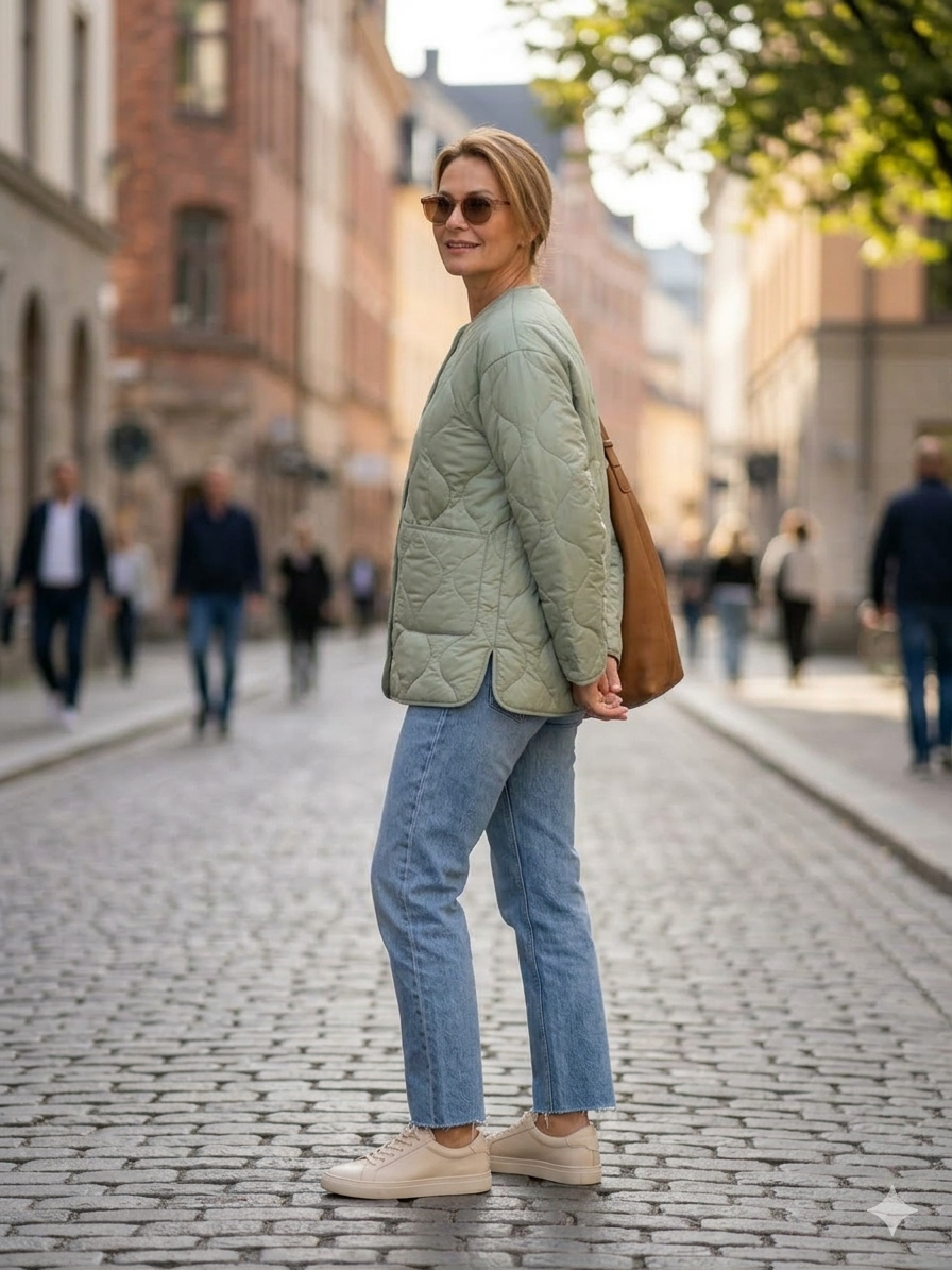 Woman walking on a city street wearing a light green puffer jacket and blue jeans.