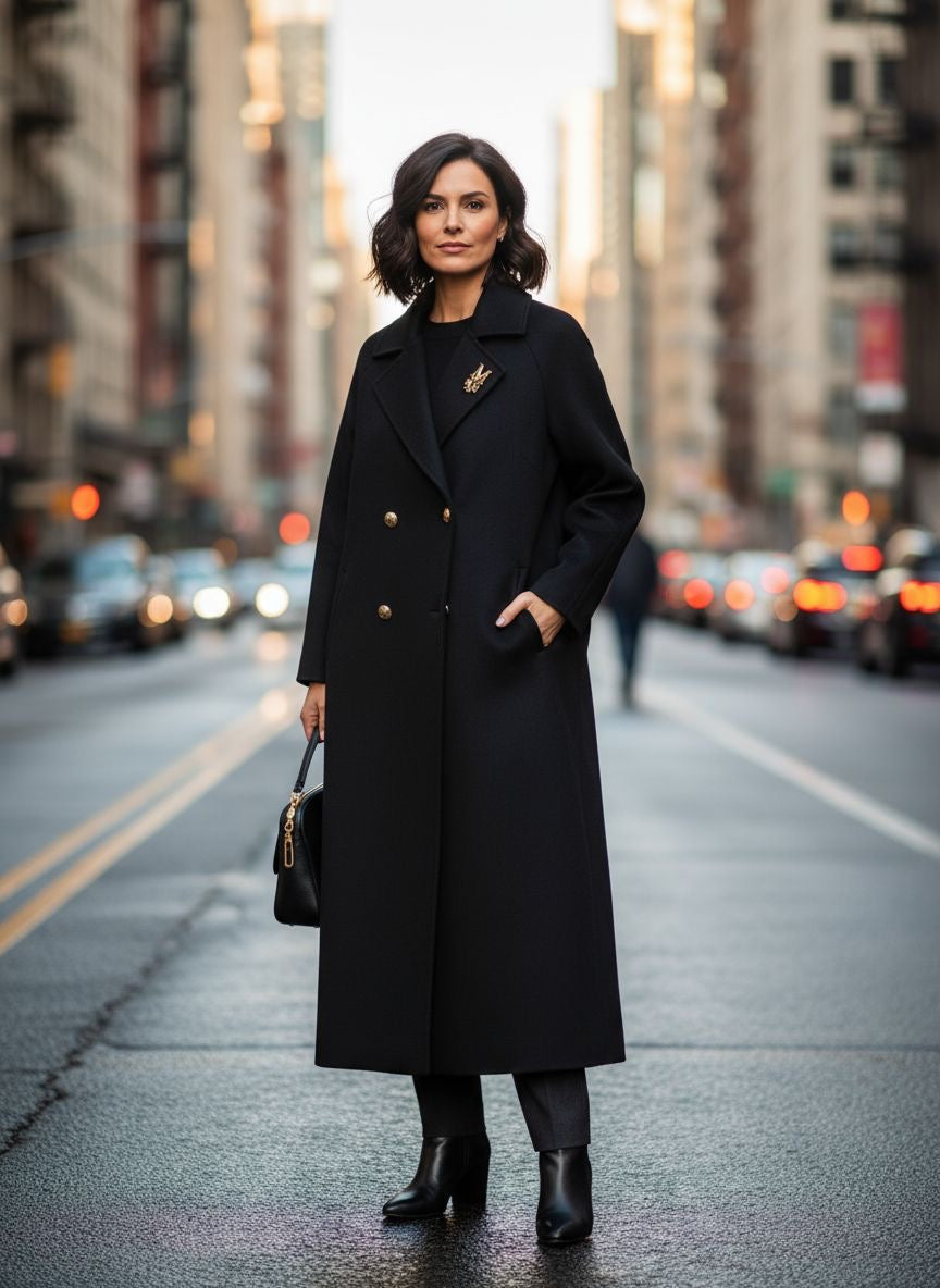 Moteriškas paltas juodos spalvos su dekoratyvinėmis detalėmis ir auksinėmis sagomis.