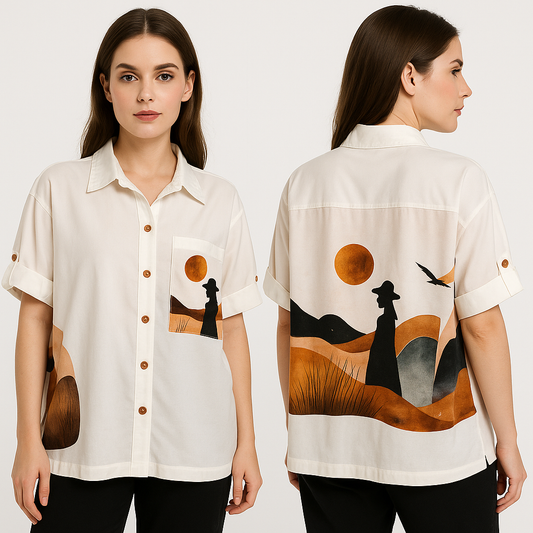 Modelis dėvi baltą palaidinę su spalvotu meniniu motyvu nugaroje – modernus, išskirtinis stilius.