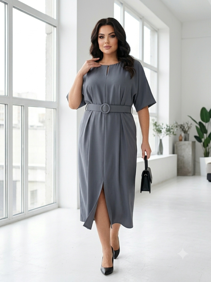 A woman models a gray midi dress with short sleeves, a keyhole neckline, a matching belt with a round buckle, and a front slit. She is standing in a bright, modern room with large windows, holding a small black handbag.