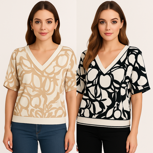 Modeliai dėvi „Charmy“ palaidines – viena smėlio spalvos, kita juodos – su grafiniu raštu.