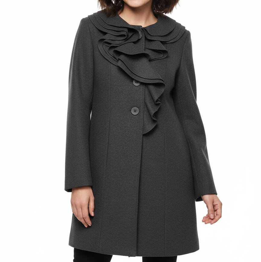 Pilkas moteriškas paltukas su dekoratyviniais raukiniais priekyje