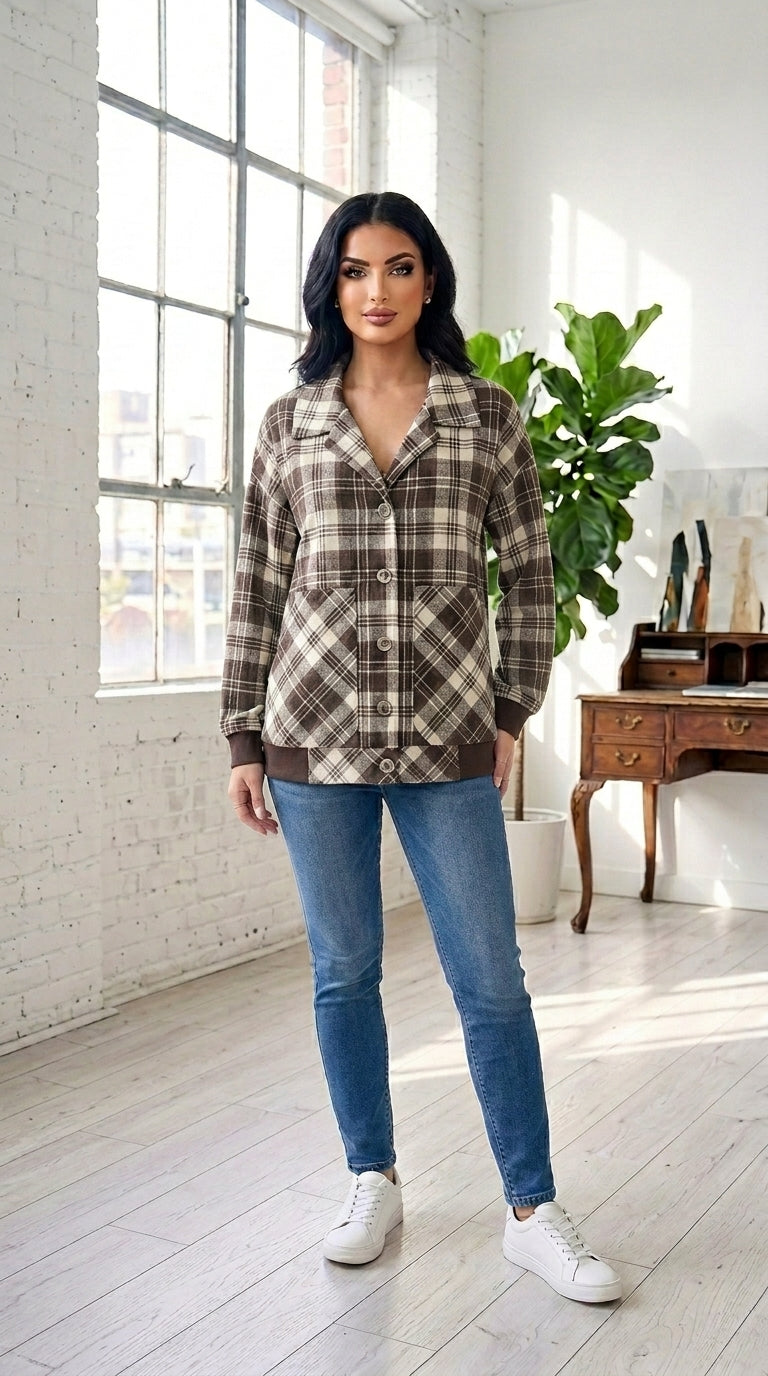 A woman modeling a brown and beige plaid button-up shirt jacket with front pockets, paired with blue jeans and white sneakers, standing in a bright, modern room with white brick walls and a large window.
