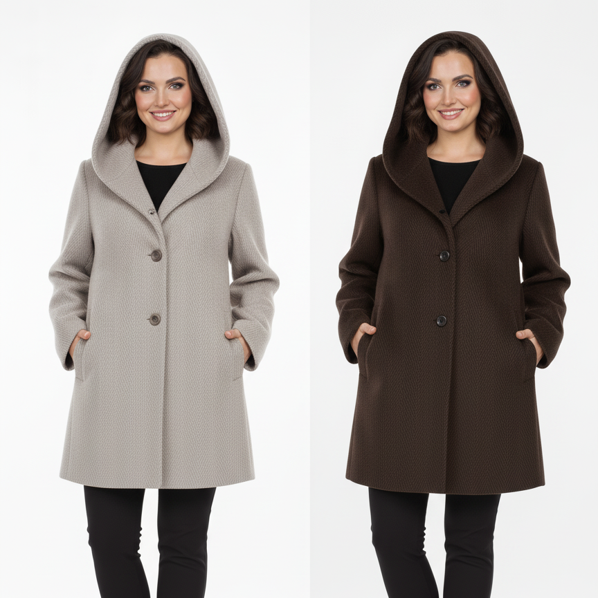 Moteriškas vilnos paltas su sagomis ir kapišonu rudens sezonui