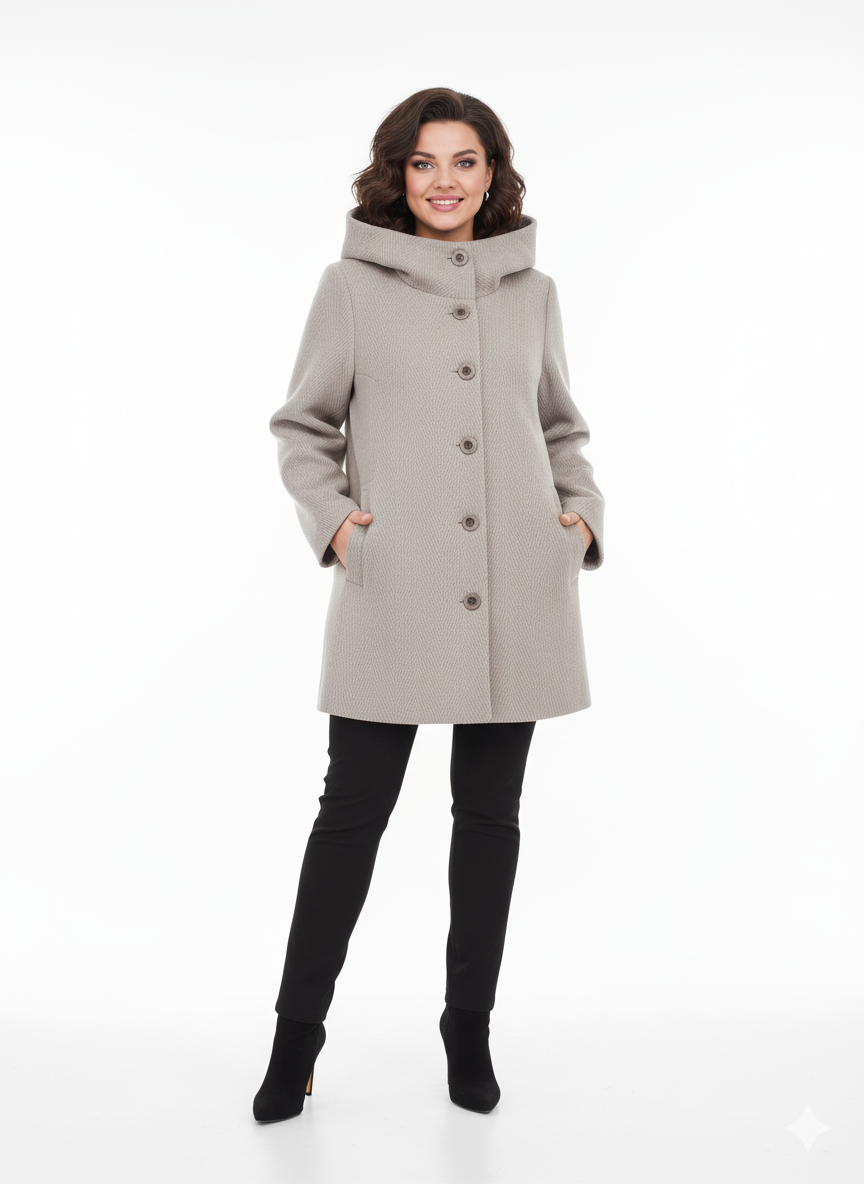 Trumpas moteriškas vilnos paltas su kapišonu – šviesiai kreminis