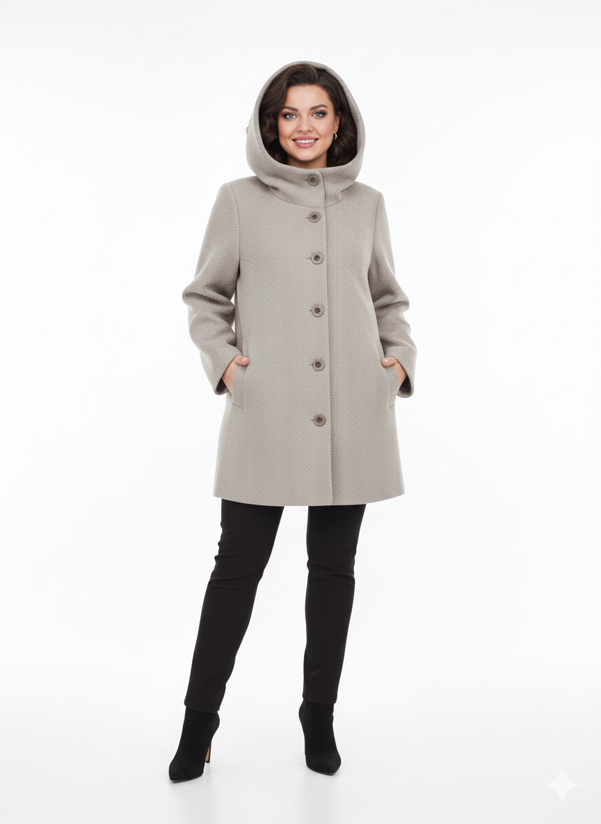 Woman wearing a beige hooded coat on a white background