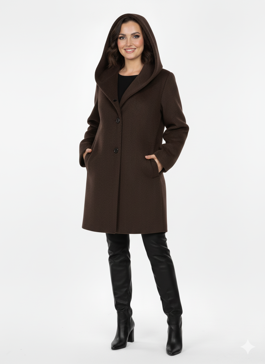 Trumpas moteriškas paltas su kapišonu – tamsiai rudas (šokoladinis)