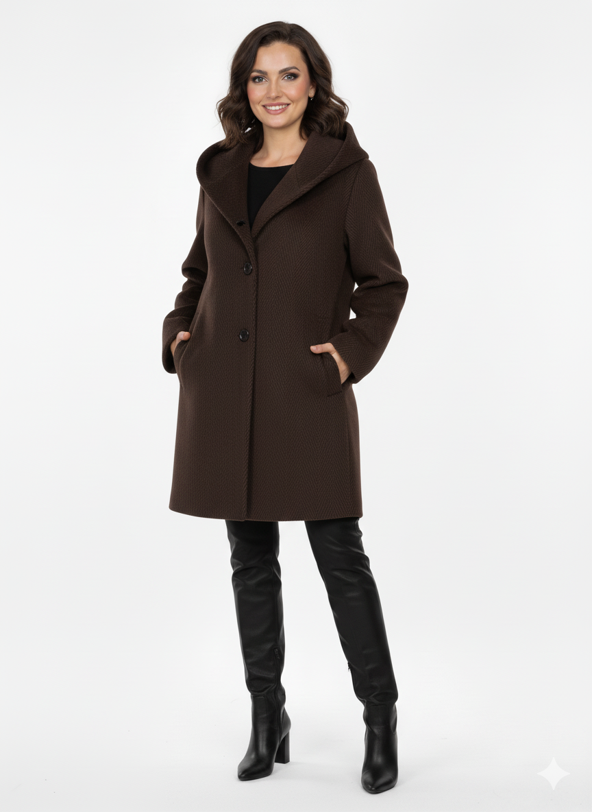 Trumpas moteriškas paltas su kapišonu – tamsiai rudas (šokoladinis)