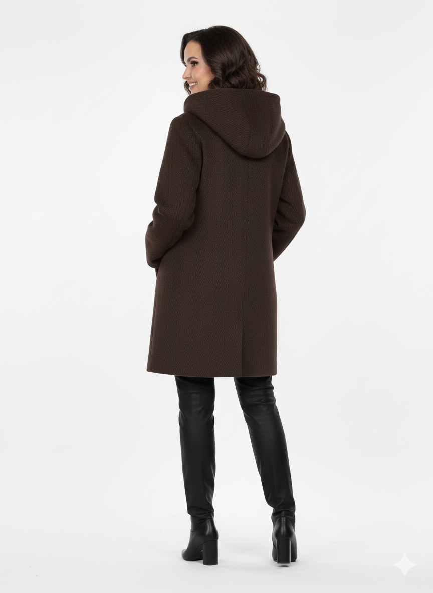 Woman wearing a brown coat with a hood on a white background