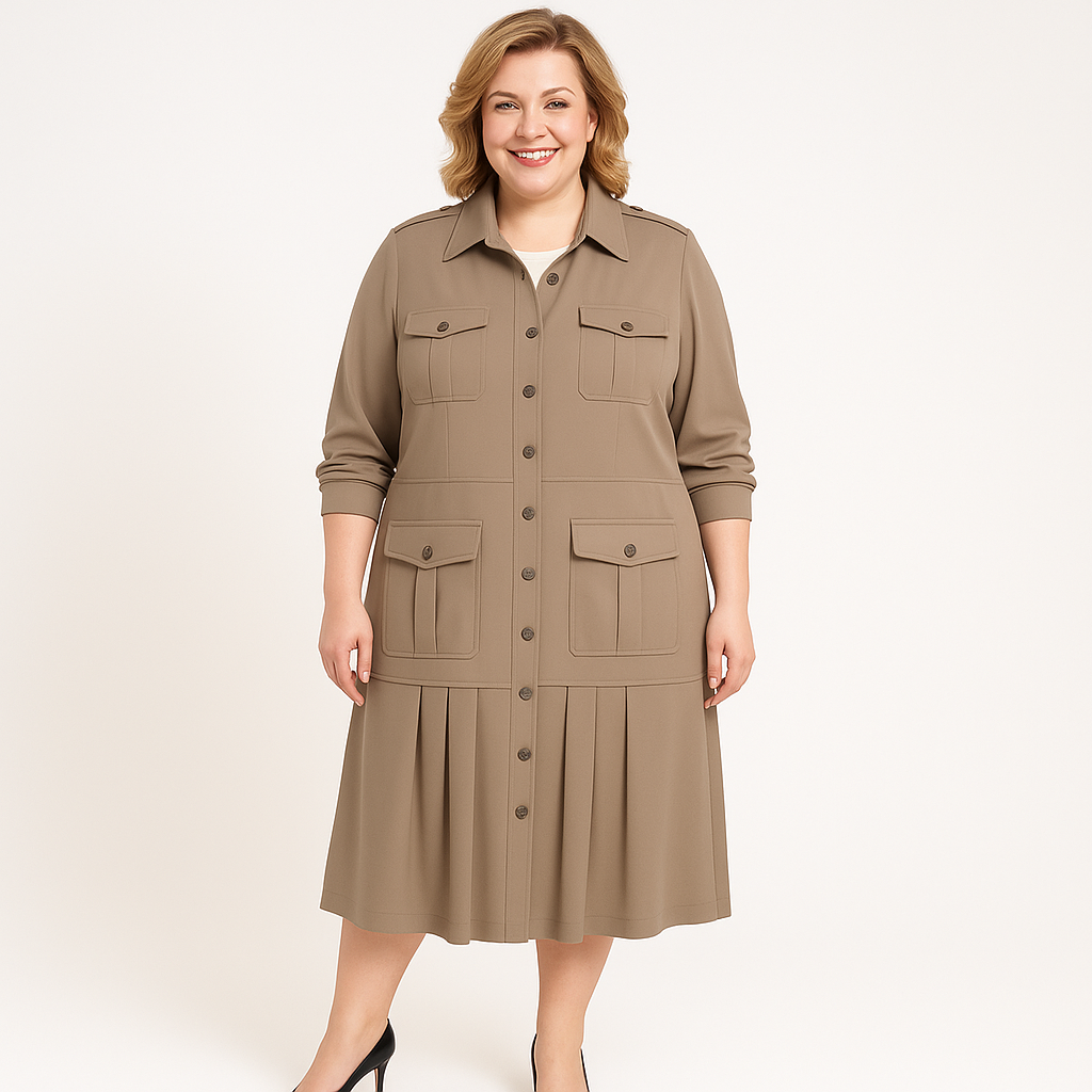 Moteris dėvi smėlio spalvos marškinių tipo suknelę su sagomis ir keturiomis kišenėmis