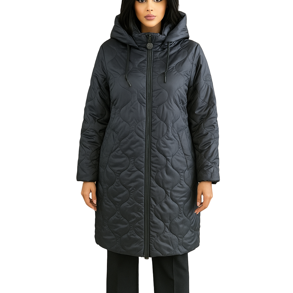 Ilga tamsiai pilka moteriška striukė su užtrauktuku ir gobtuvu, demonstruojama ant manekeno