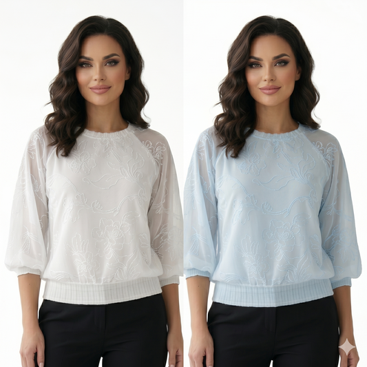 Two images of a woman wearing white and light blue lacey tops with black pants on a white background.