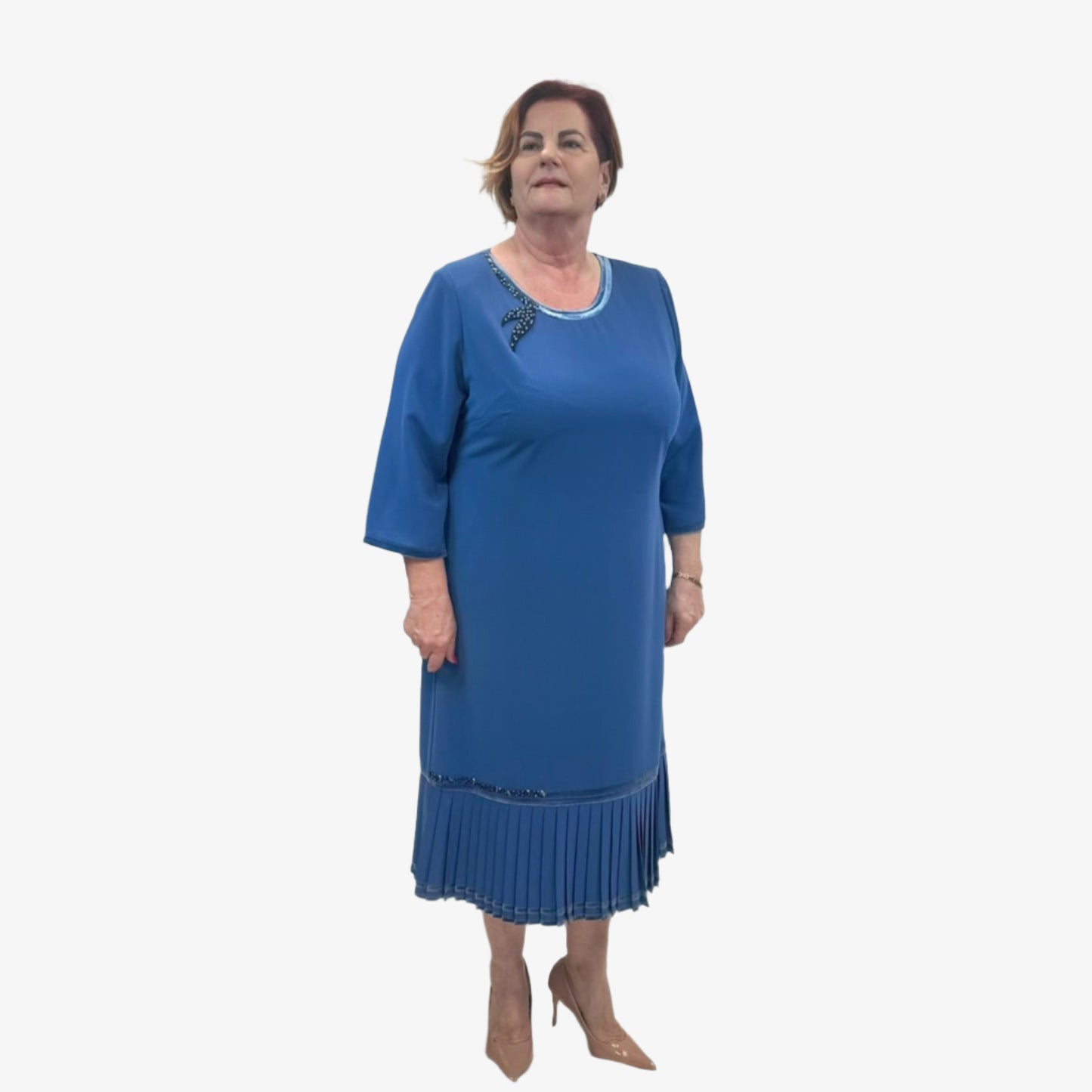 Žydra šventinė suknelė su dekoratyviniais akcentais ir raukiniais